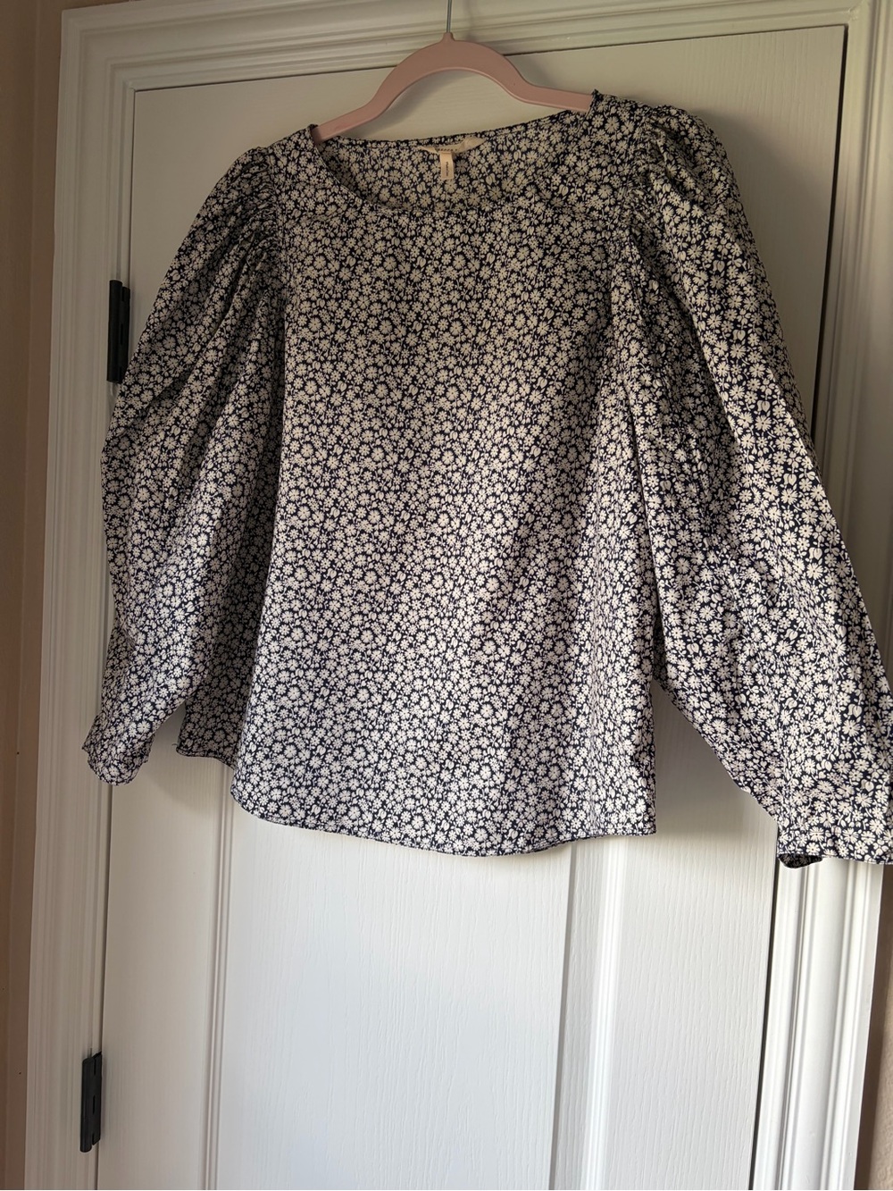 Rebecca Taylor Navy and White Floral Puff-Sleeve Blouse